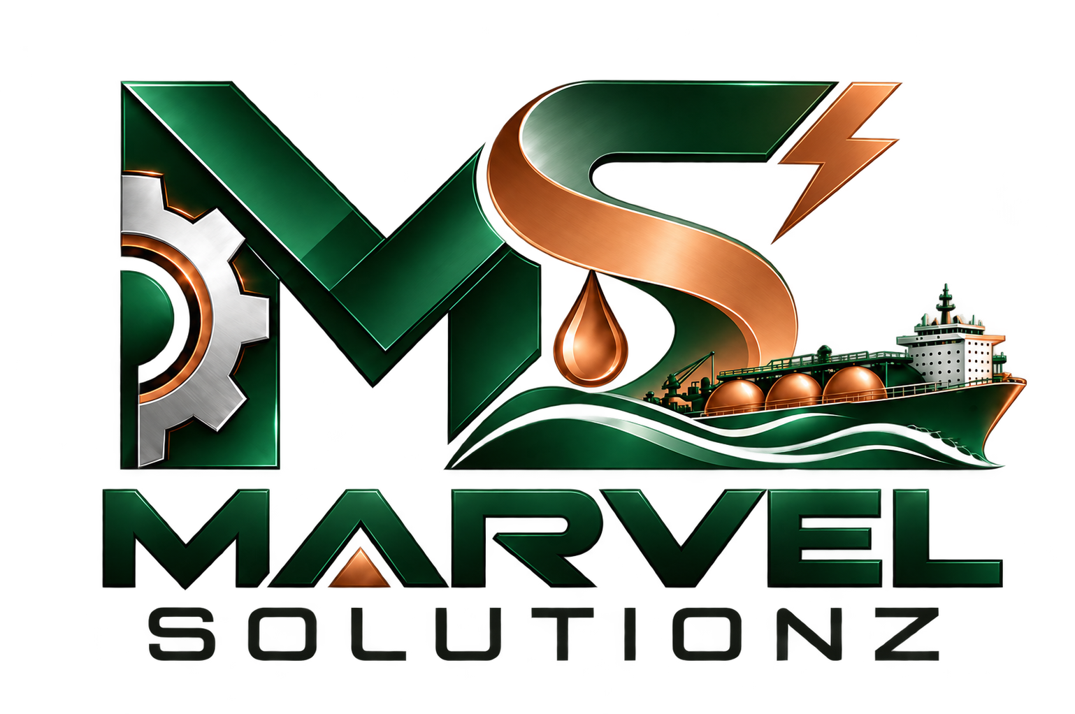 Marvel Solutionz: gear, oil drop and LNG ship logo in forest green and copper